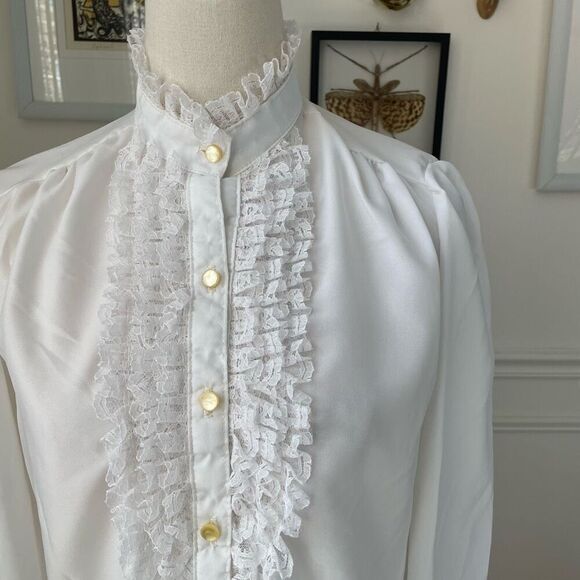 Vintage 70s 80s Mock Neck Ruffle Lace White Blouse S M - Picture 1 of 7